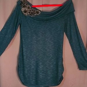Embellished Asymmetrical Cowlneck Sweater Black & FstGreen Small Studio Y  NWOT
